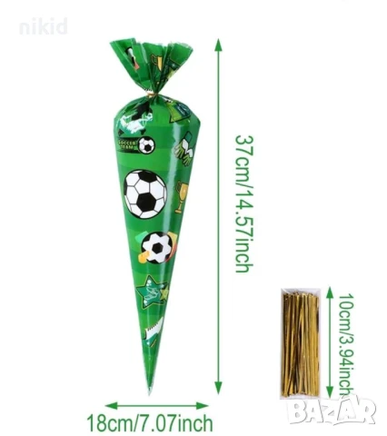 25 бр дълги триъгълни топка футбол торбички целофан с телчета за дребни сладки лакомства подарък, снимка 4 - Други - 50482655