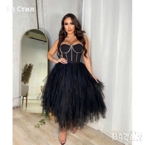 💕Рокля с тюл и камъни с миди дължина, снимка 3 - Рокли - 53945100