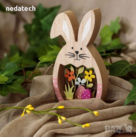 Великденска декорация дървено зайче в розово яйце, с цветя, 15 см, снимка 2 - Декорация за дома - 53201926