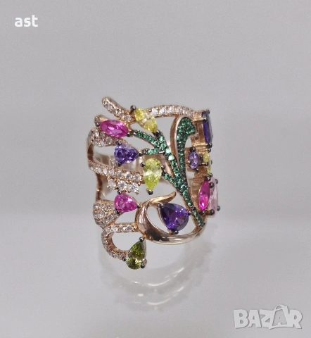 Сребърен пръстен с разноцветни камъни, снимка 4 - Пръстени - 53914009