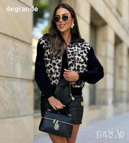 Дамско яке с плетен ръкав леопардов принт в БЕЖОВО И ЧЕРНО