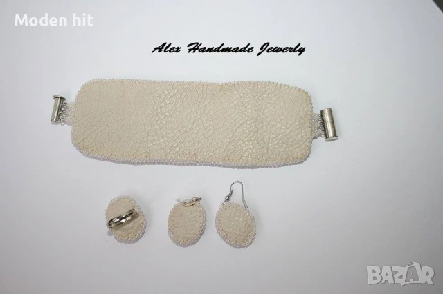 Ръчна изработка! Комплект с млечен кварц - гривна, обеци и пръстен, снимка 5 - Бижутерийни комплекти - 50835286