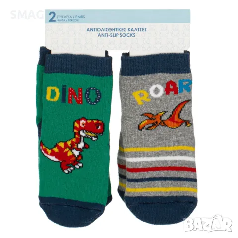 Бебешки противохлъзгащи се чорапи сиво зелени динозаври - 2 чифта S_1239374, снимка 2 - Бебешки чорапи - 49896104