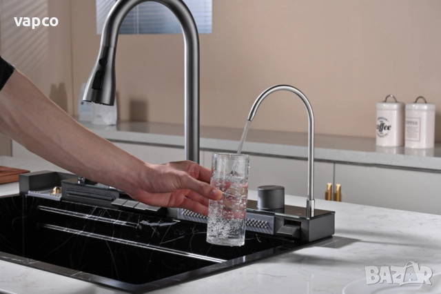  Черен мрамор - Мултифункционална кухненска мивка с двоен водопад , снимка 6 - Мивки - 52128188