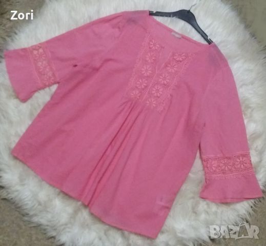 РАЗКОШНА розова риза с дантела при деколтето и в края на ръкавите, снимка 1 - Ризи - 45911559