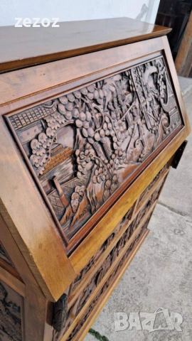 Шкаф бюро масив с дърворезба, снимка 3 - Бюра - 53995535