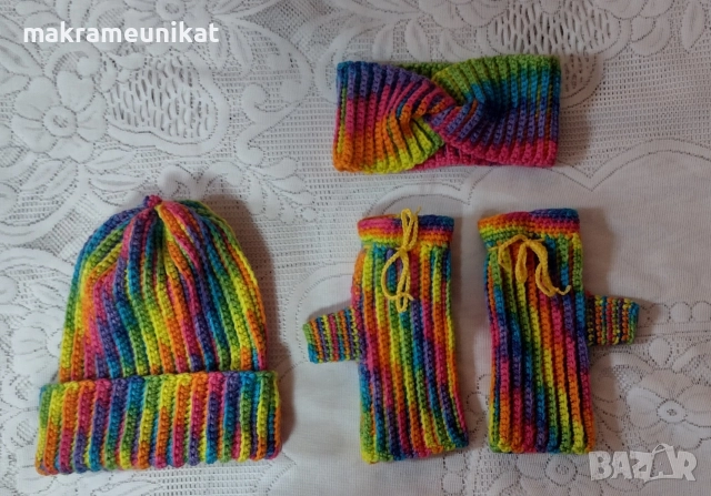 Комплект, лот шапка, ръкавици без пръсти, и лента за глава, нов, ръчно плетиво 