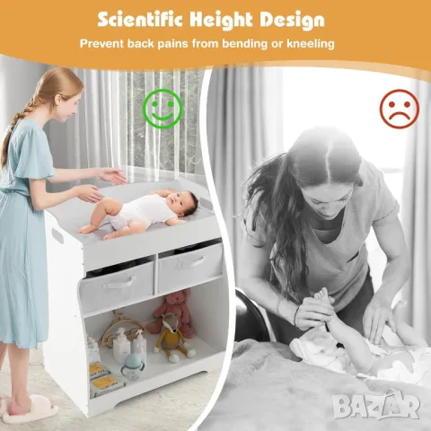 Дървена масичка за повиване, поставка за бебешки пелени с 2 чекмеджета