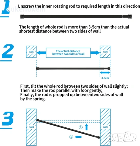 Телескопичен корниз за баня и завеси без пробиване, 73–175 см, до 10 кг, снимка 2 - Други стоки за дома - 53070443
