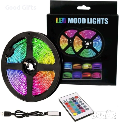 RGB LED лента Mood Lights с дистанционно управление – USB захранване, многоцветно амбиентно осветлен, снимка 2 - Лед осветление - 52934313
