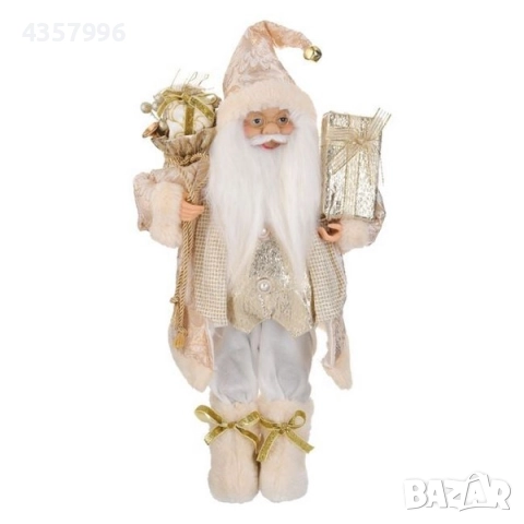 Коледна фигура Дядо Коледа с екрю облекло, подарък и чувал, 45cm