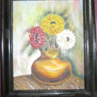 Картина -масло, картон ,ваза с цветя, 30х25см., снимка 1 - Картини - 45055398