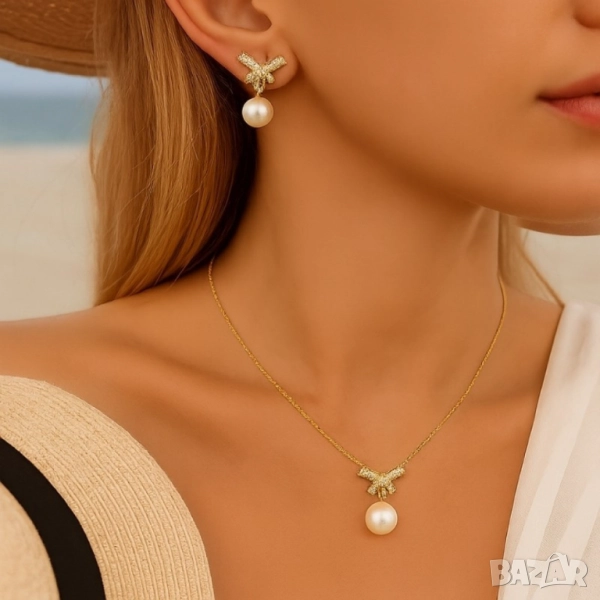 Комплект колие и обеци с перли и панделки/ устойчив метал, снимка 1