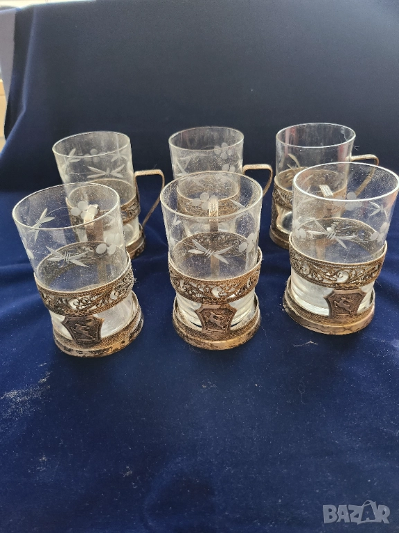 подстакан мелхиор, ръчна изработка, к-т от 6 броя + ориг. чаши, модел "Горкий", СССР, редки, снимка 1