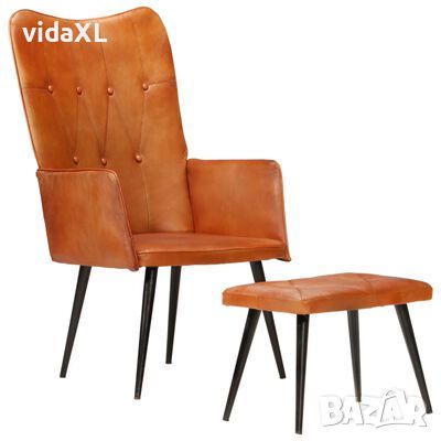 vidaXL Wingback стол с табуретка, кафеникав, естествена кожа(SKU:339663, снимка 1