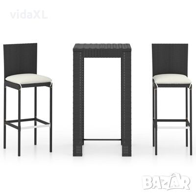 vidaXL Градински бар комплект с възглавници, 3 части, черен полиратан（SKU:3064792, снимка 1