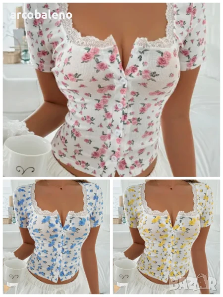 Циганска дамска тениска с къс ръкав и флорален принт Y2K, 3цвята , снимка 1