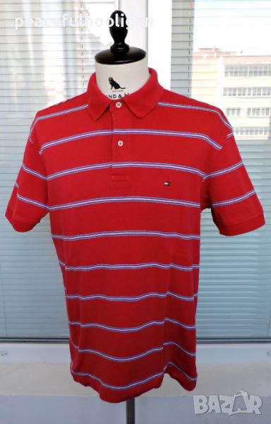 Tommy Hilfiger Mens Red Blue Striped Casual Polo Short Sleeve Shirt Size M, снимка 1