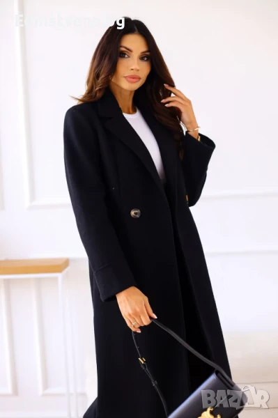 Дамско дълго елегантно черно палто с класическа кройка, снимка 1