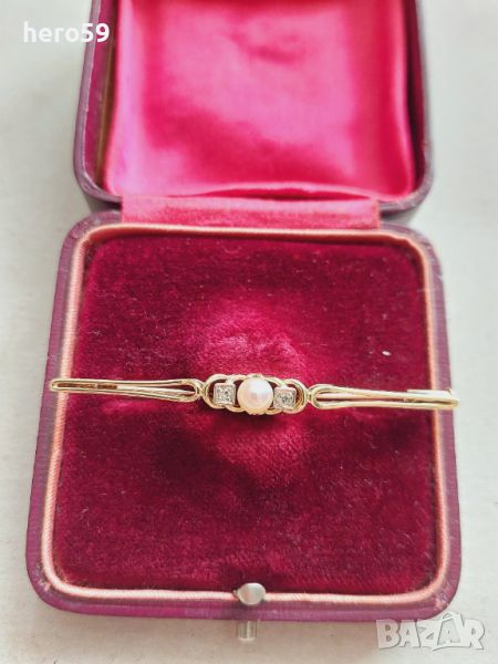 Антикварна златна 14к брошка с натурална перла и два диаманта , снимка 1