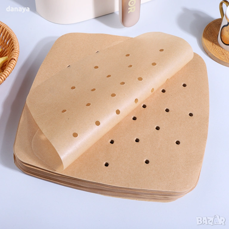 6301 Хартиени подложки за Air Fryer с дупки, 205×205 мм, 50 броя, снимка 1