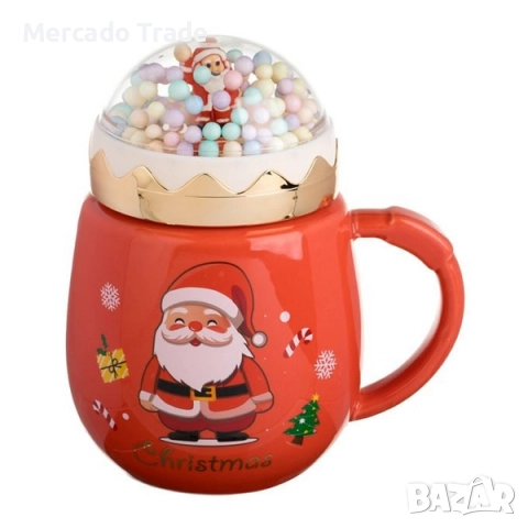 Коледна чаша с капак, Топчета и Дядо Коледа, Керамика, 450мл