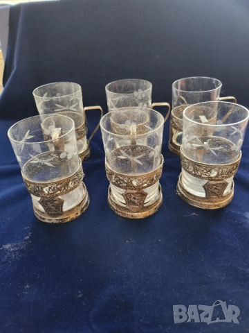 подстакан мелхиор, ръчна изработка, к-т от 6 броя + ориг. чаши, модел "Горкий", СССР, редки