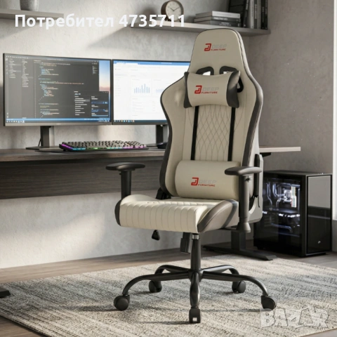 Ергономичен бял геймърски стол с поставка за крака, регулируема височина и 3D подлакътници, снимка 3 - Столове - 54089631