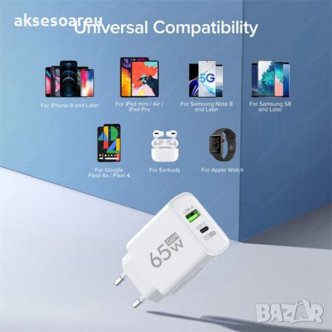 Бързо GaN USB Type C зарядно Quick Charge 3.0 65W PD за iPhone Huawei Xiaomi Samsung EU Plug захранв, снимка 18 - Резервни части за телефони - 46293554