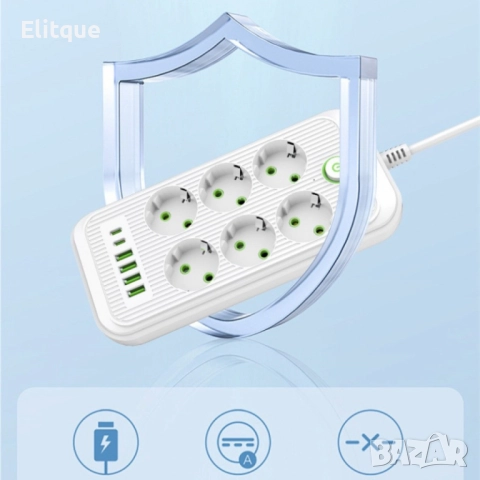 Разклонител 220V с 6 гнезда, 4 USB порта + 2xType C, Digital One SP00985, Бял, 1.5 м, 2500W, с ключ, снимка 3 - Други стоки за дома - 52594718