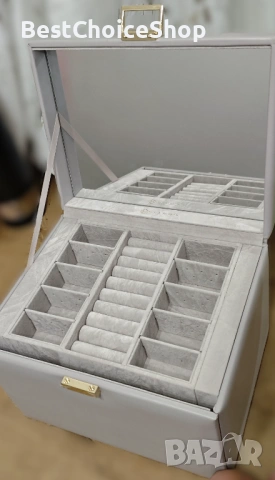 Голяма кутия за бижута от PU кожа с огледало – 4 нива, кадифена подплата, снимка 3 - Бижутерийни комплекти - 53068087