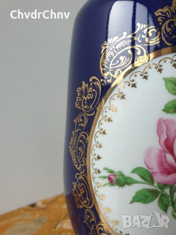 3бр вази Royal KPM 18-20-21см/КПМ Бавария стара немска порцеланова ваза/кобалт-цветя-злато-сребро, снимка 12 - Вази - 48897861