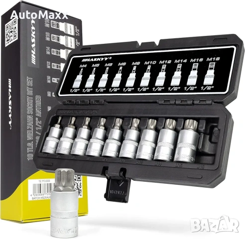 Комплект от 10 вложки Haskyy 1/2 инча, хром-ванадиева стомана, размери M4-M18 