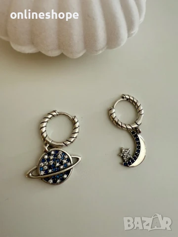 S925 Сребърни обеци с цирконий - планета и луна със звезда, снимка 4 - Обеци - 50965440