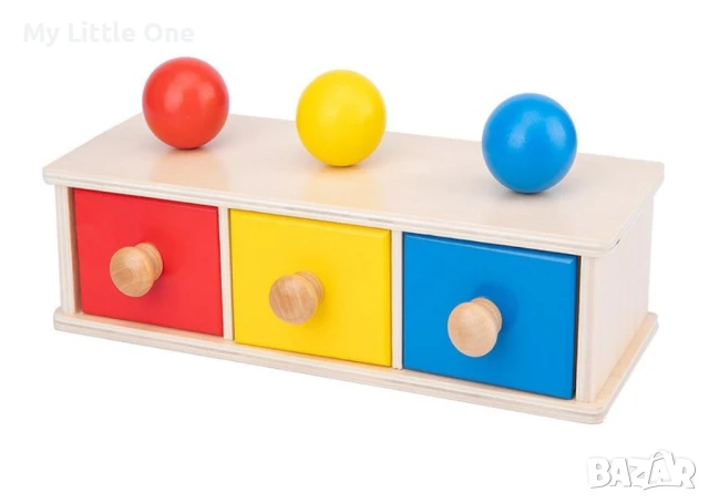 Дървена Монтесори трицветна кутия с топчета