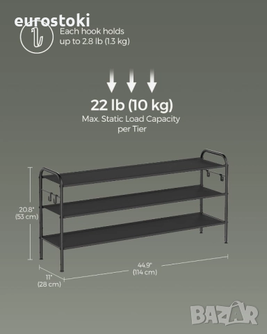 SONGMICS Стойка за обувки, 3-етажен органайзер за обувки, побира до 18 чифта обувки, регулируема , снимка 6 - Други - 52456863