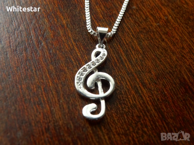 Посребрен дамски ланец с художествен мотив "Ключ сол", снимка 2 - Колиета, медальони, синджири - 53642304