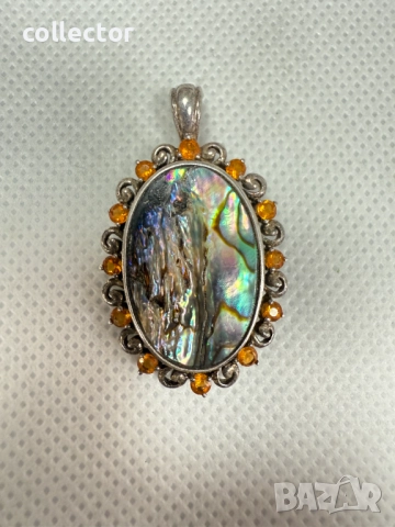 Сребърна висулка с кралски седеф и циркони. №7699, снимка 2 - Колиета, медальони, синджири - 52687724