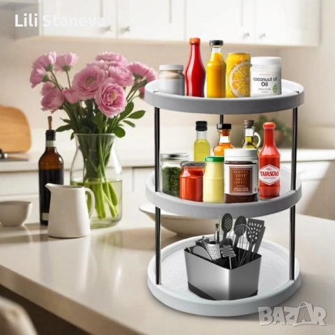 Въртяща се 3-етажна поставка – 360° организация за кухня, баня и дом. , снимка 4 - Други стоки за дома - 51472372