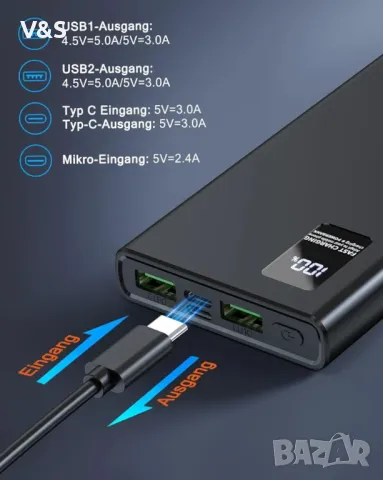 Power Bank 12000 mAh, Power Bank малък, но здрав (USB C изход и вход) 3A външни батерии за мобилен т, снимка 2 - Външни батерии - 47119915