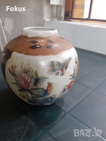 Стара красива ваза буркан порцелан Сатцума Satsuma маркиран, снимка 2 - Антикварни и старинни предмети - 53313056