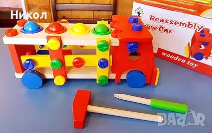 Образователно дървено камионче за разглобяване с отверка и топчета с чук , снимка 3 - Коли, камиони, мотори, писти - 53170851