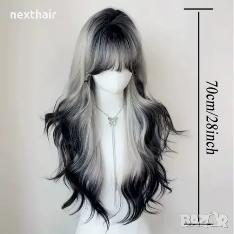Косплей аниме дълга сребристо сива перука с тъмни краища и бретон, снимка 7 - Аксесоари за коса - 50238627