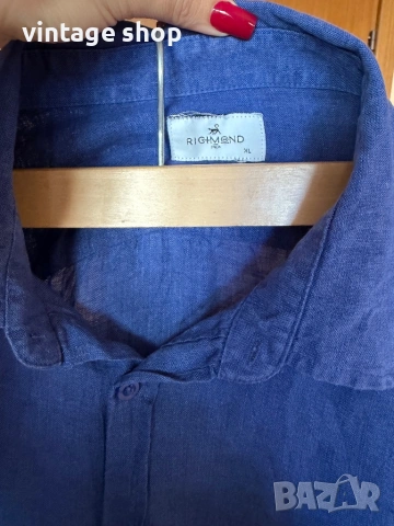 Тъмносиня ленена мъжка риза Richmond, размер , снимка 6 - Ризи - 54126686