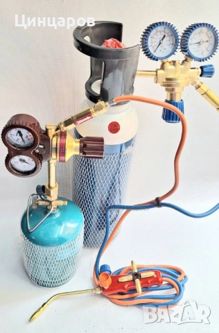 Оксижен комплект-бутилки O2 и газ, горелка с 5бр. дюзи, вентили, маркуч. Горелка Италия 