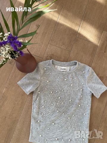 Сива тениска блуза с перли шантел Chanel , снимка 2 - Тениски - 45544067