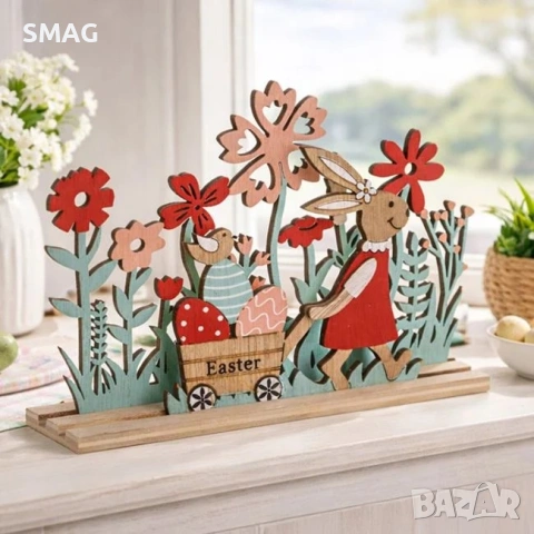Великденска дървена настолна декорация зайче с количка, яйца и цветя 20x4x14 cm_1260332