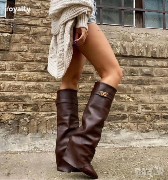 Ботуши на платформа - тъмнокафява кожа, снимка 1