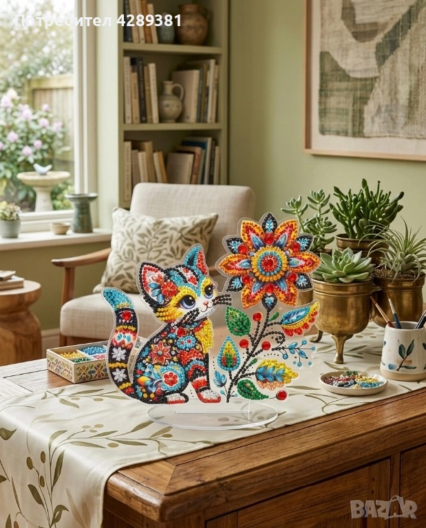 Арт Диамантен Гоблен „Магическо коте“ – Свободностояща фигура на стойка 🐾🌸, снимка 1