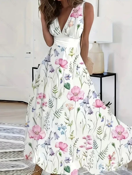 Лятна бяла рокля на цветя, снимка 1